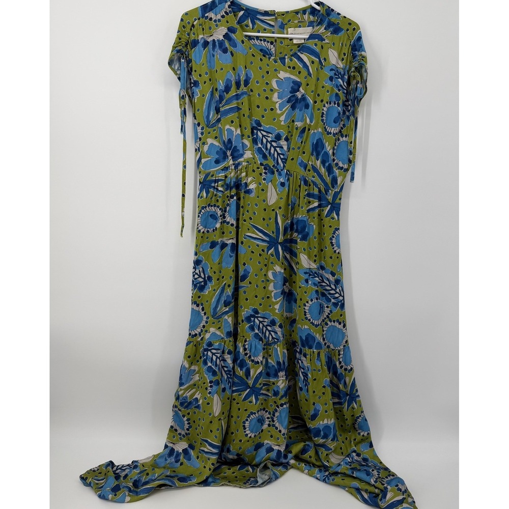 Vera‎ For Anthropologie Bluebell Satin Maxi Dress Blue Green Size Medium Floral